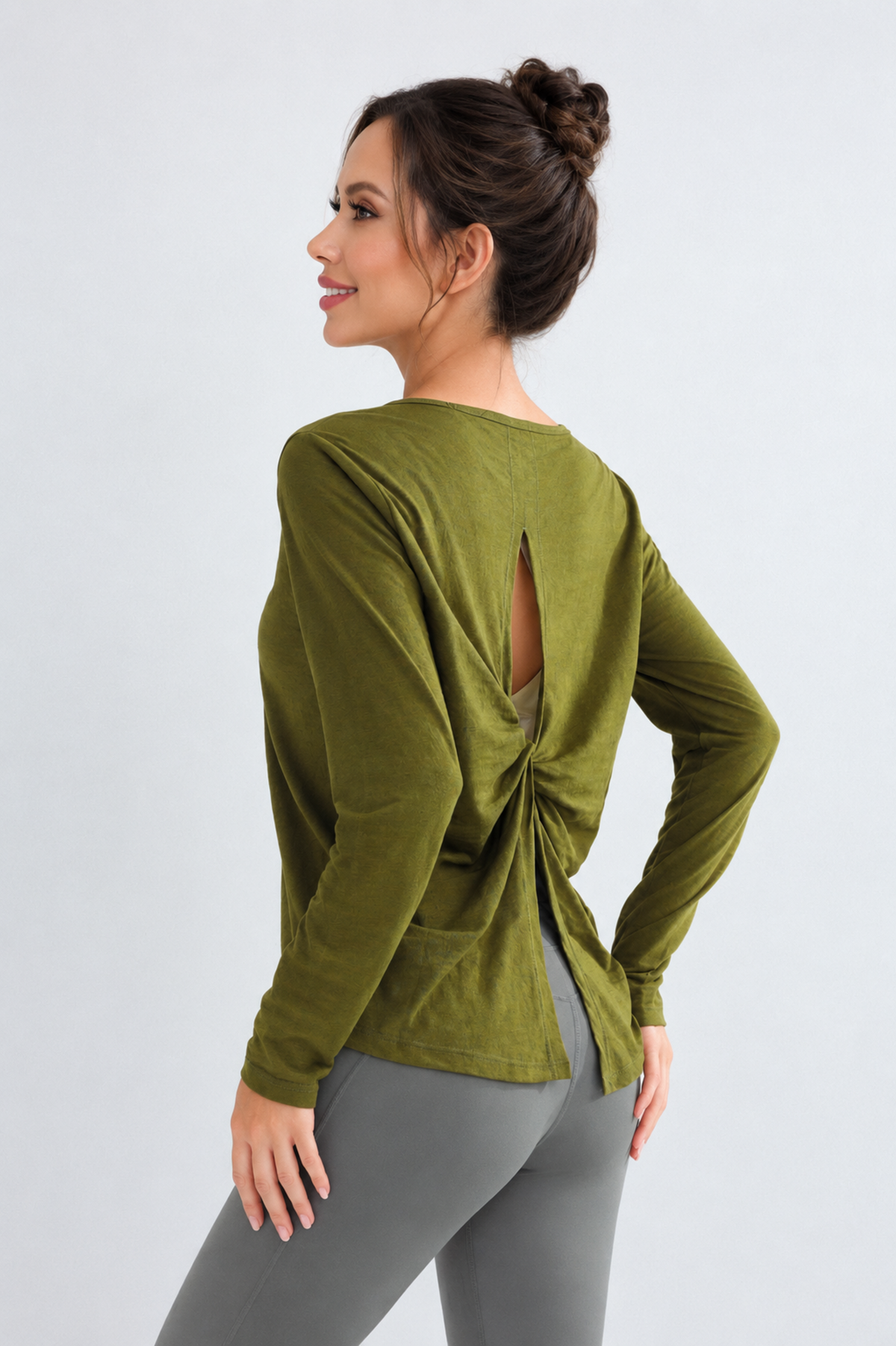 Olive Twist-Back Long Sleeve Top-SILVERWIND