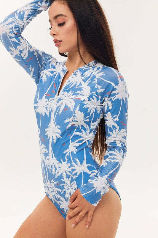 Azure Palm Long Sleeve Swimsuit - MYSILVERWIND