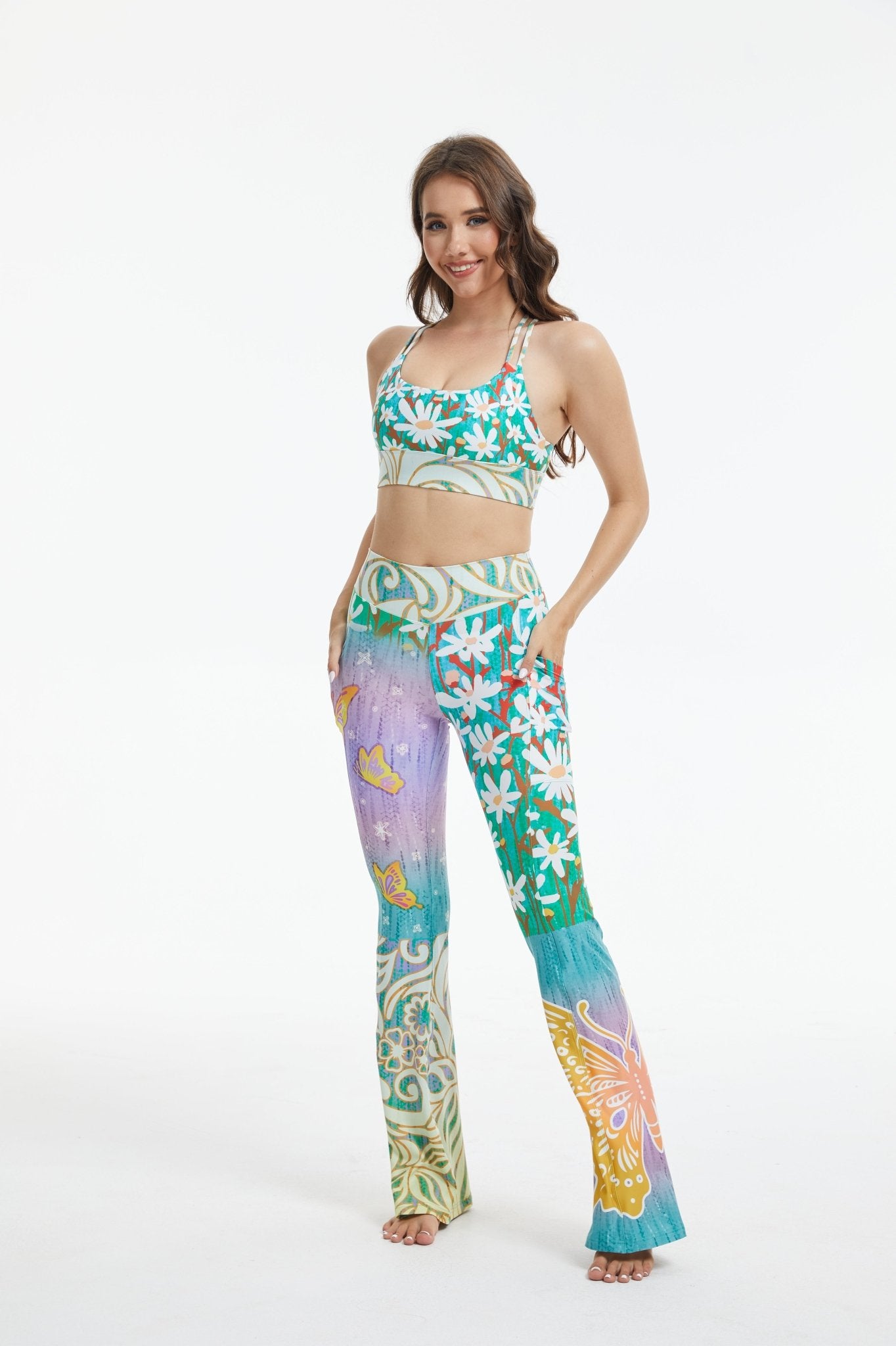 Butterfly Bloom Mid - waisted Flare Leggings with Pockets - MYSILVERWIND