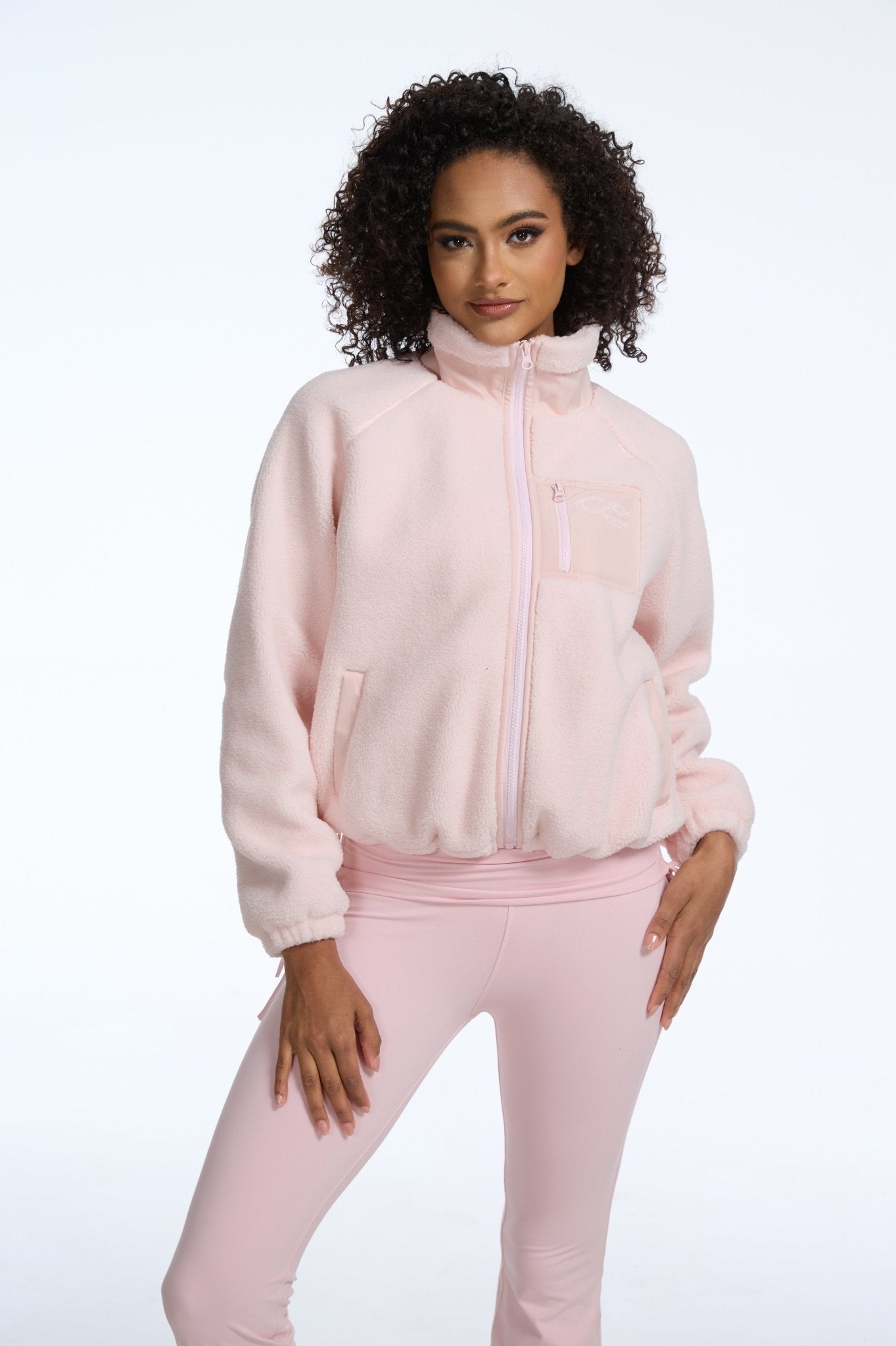 Heavyweight Lamb Fleece Stand Collar Zip - up Loose - fit Jacket - Pink - MYSILVERWIND