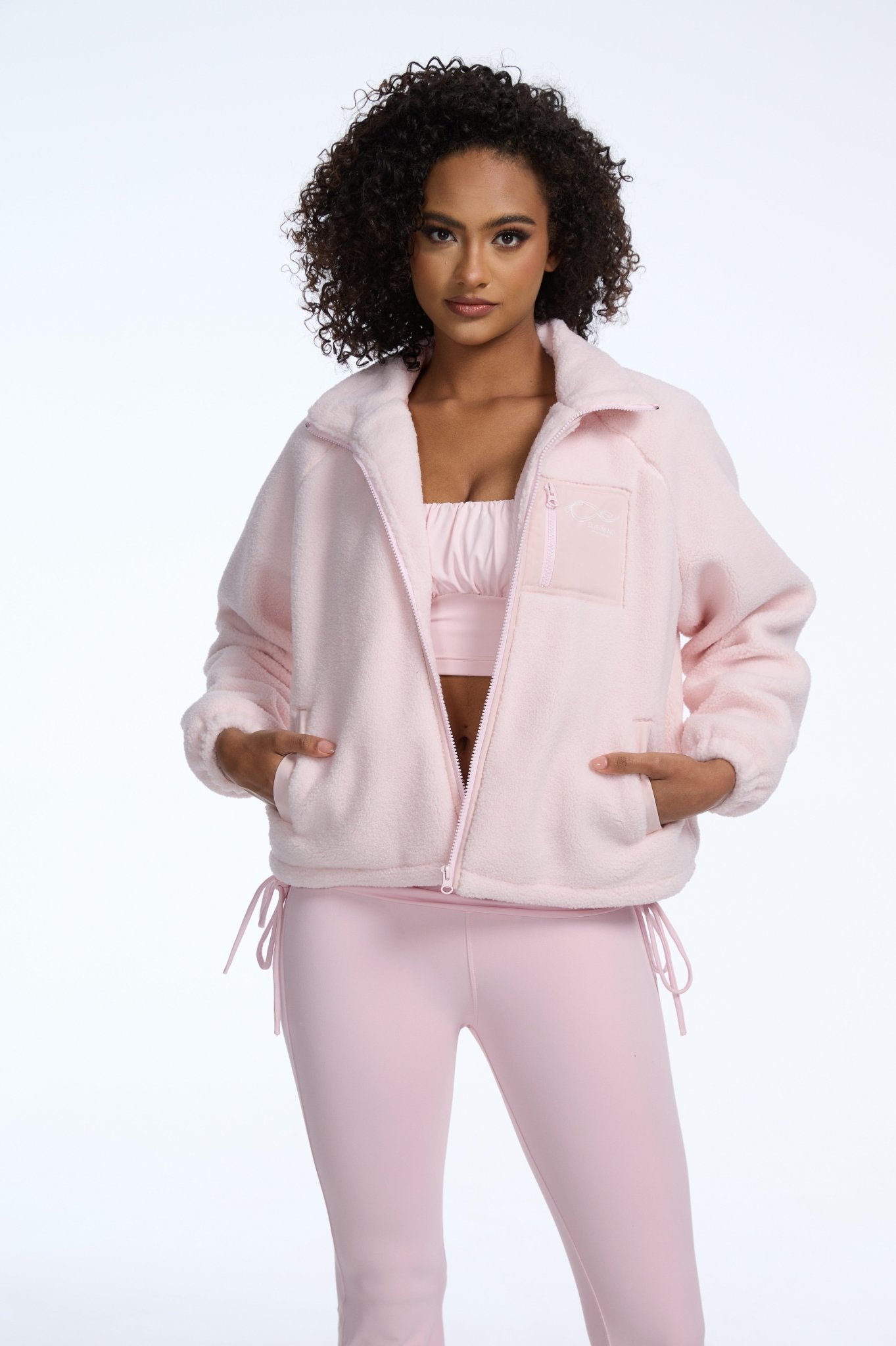 Heavyweight Lamb Fleece Stand Collar Zip - up Loose - fit Jacket - Pink - MYSILVERWIND