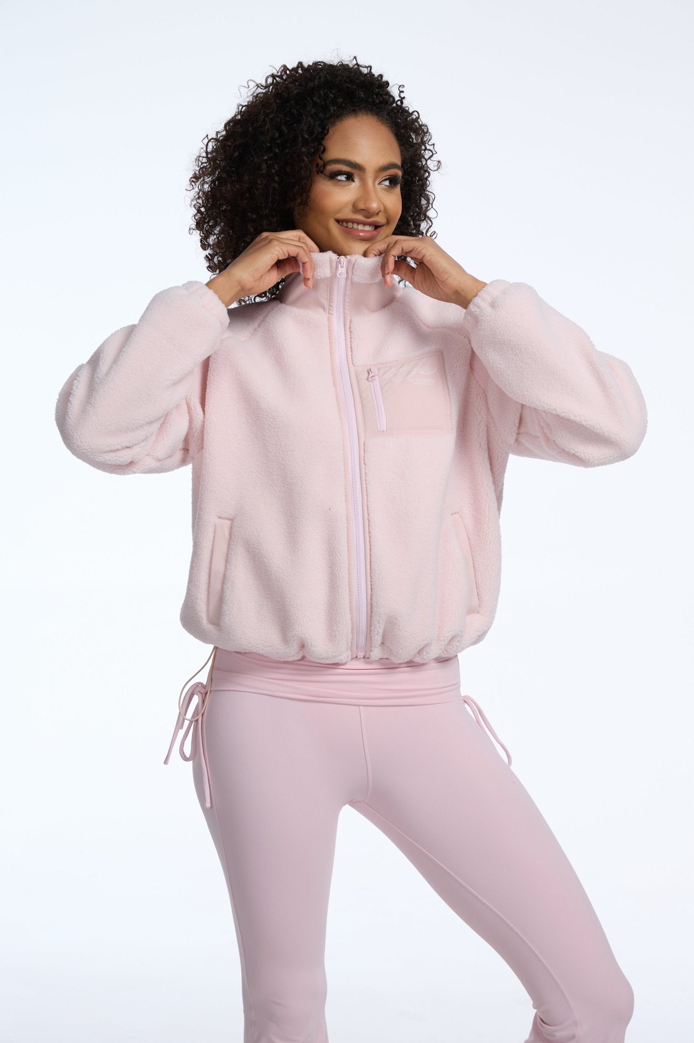 Heavyweight Lamb Fleece Stand Collar Zip - up Loose - fit Jacket - Pink - MYSILVERWIND