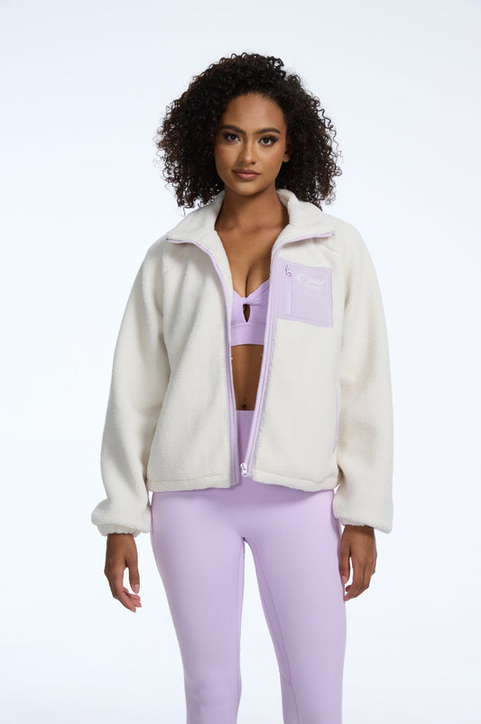 Heavyweight Lamb Fleece Stand Collar Zip - up Loose - fit Jacket - White Purple - MYSILVERWIND