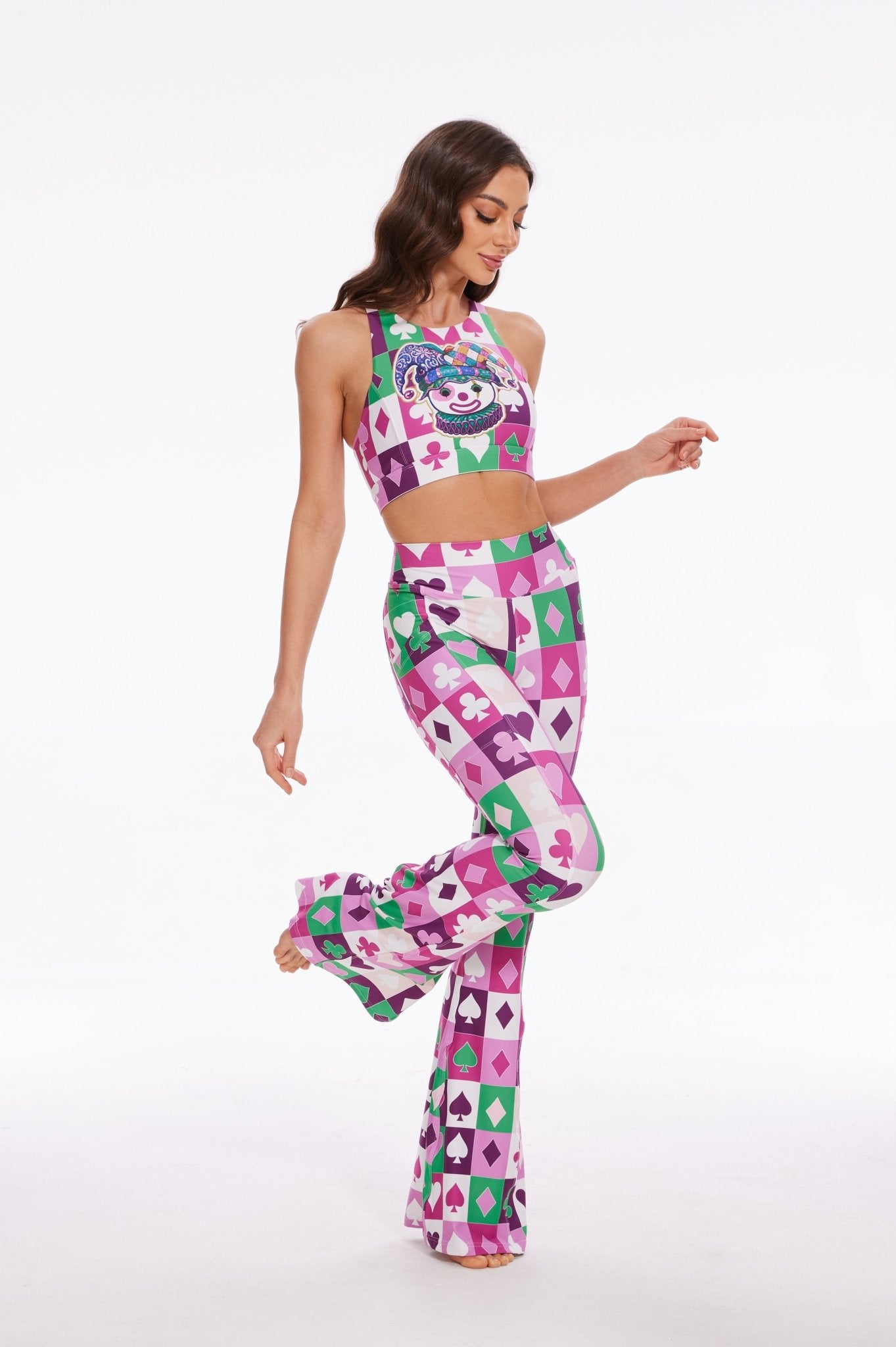 Joyful Clown Mid - waisted Flare Leggings with Pockets - MYSILVERWIND