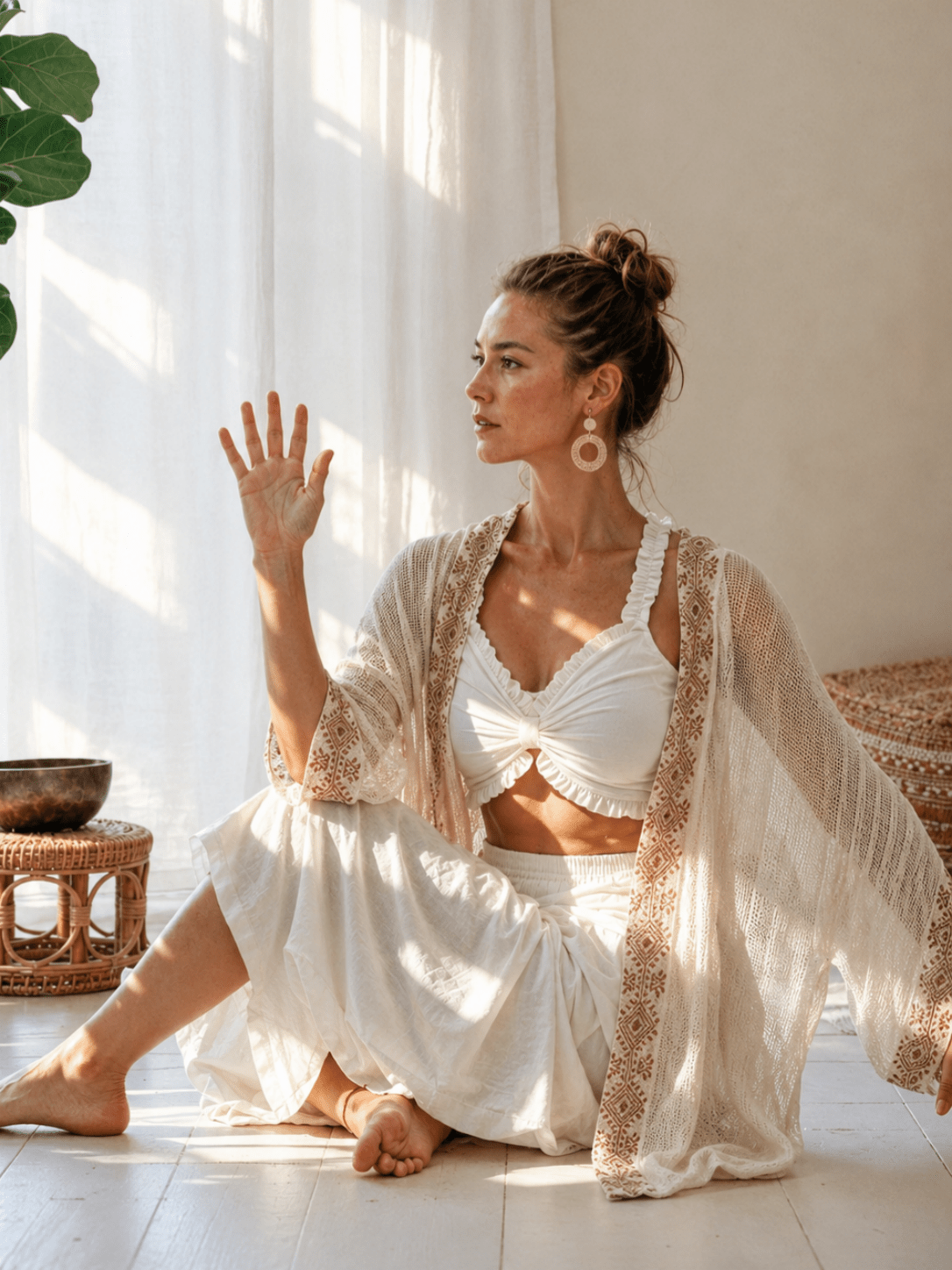Zenara Hand-Printed Linen Openwork Kimono Cardigan - MYSILVERWIND