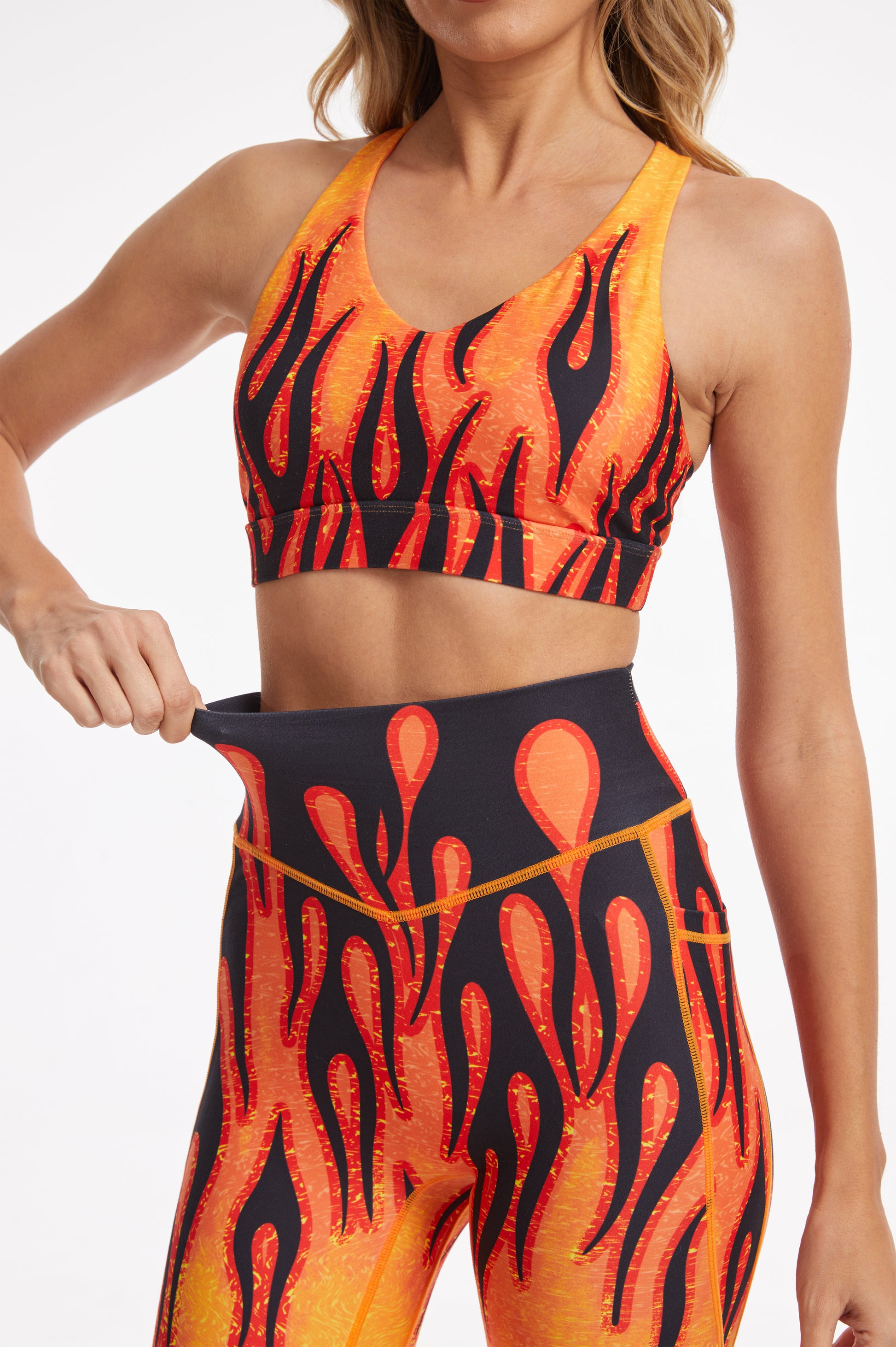 Flame High-waisted Leggings With Pockets - Orange-SILVERWIND