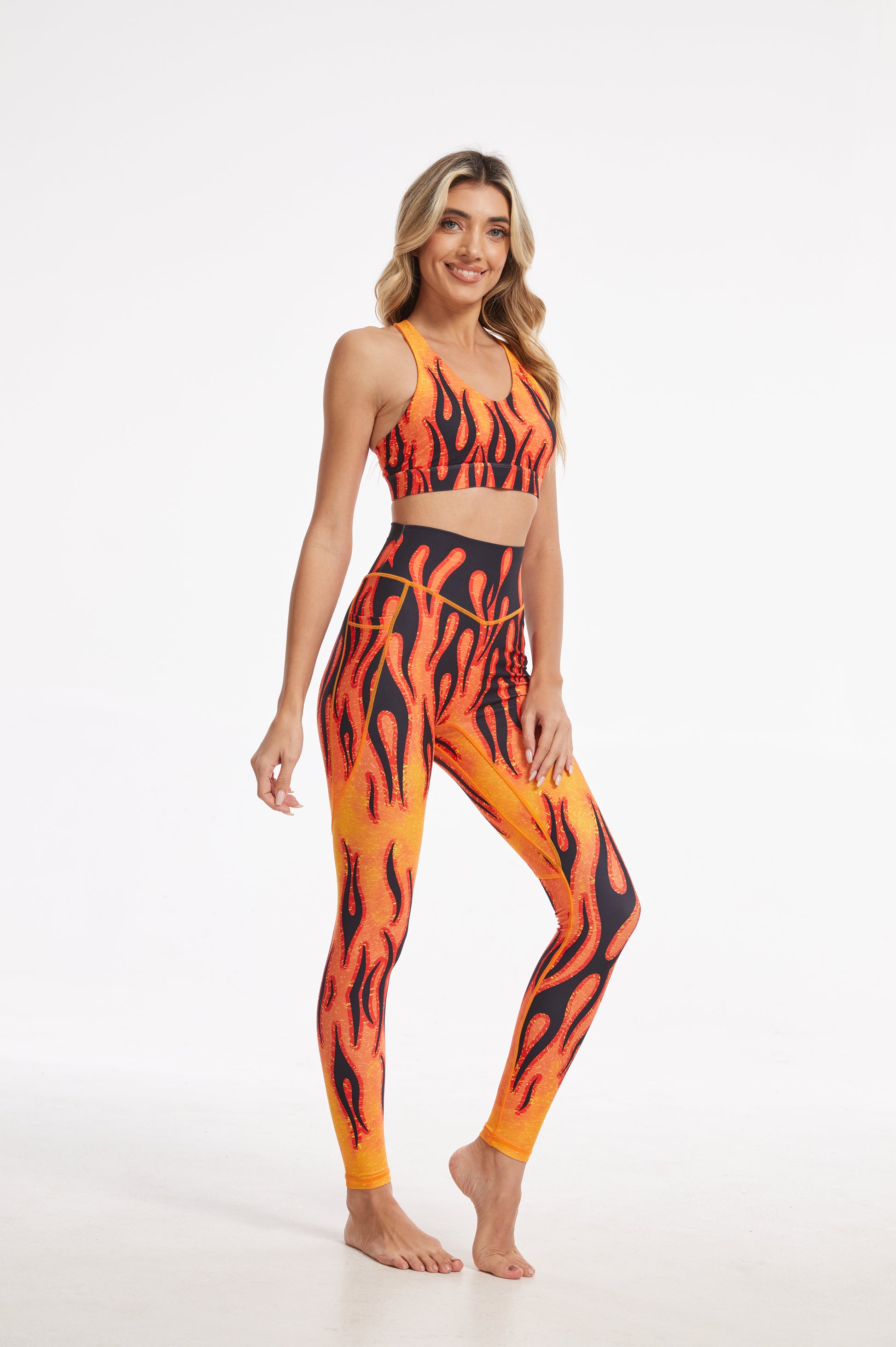 Flame High-waisted Leggings With Pockets - Orange-SILVERWIND