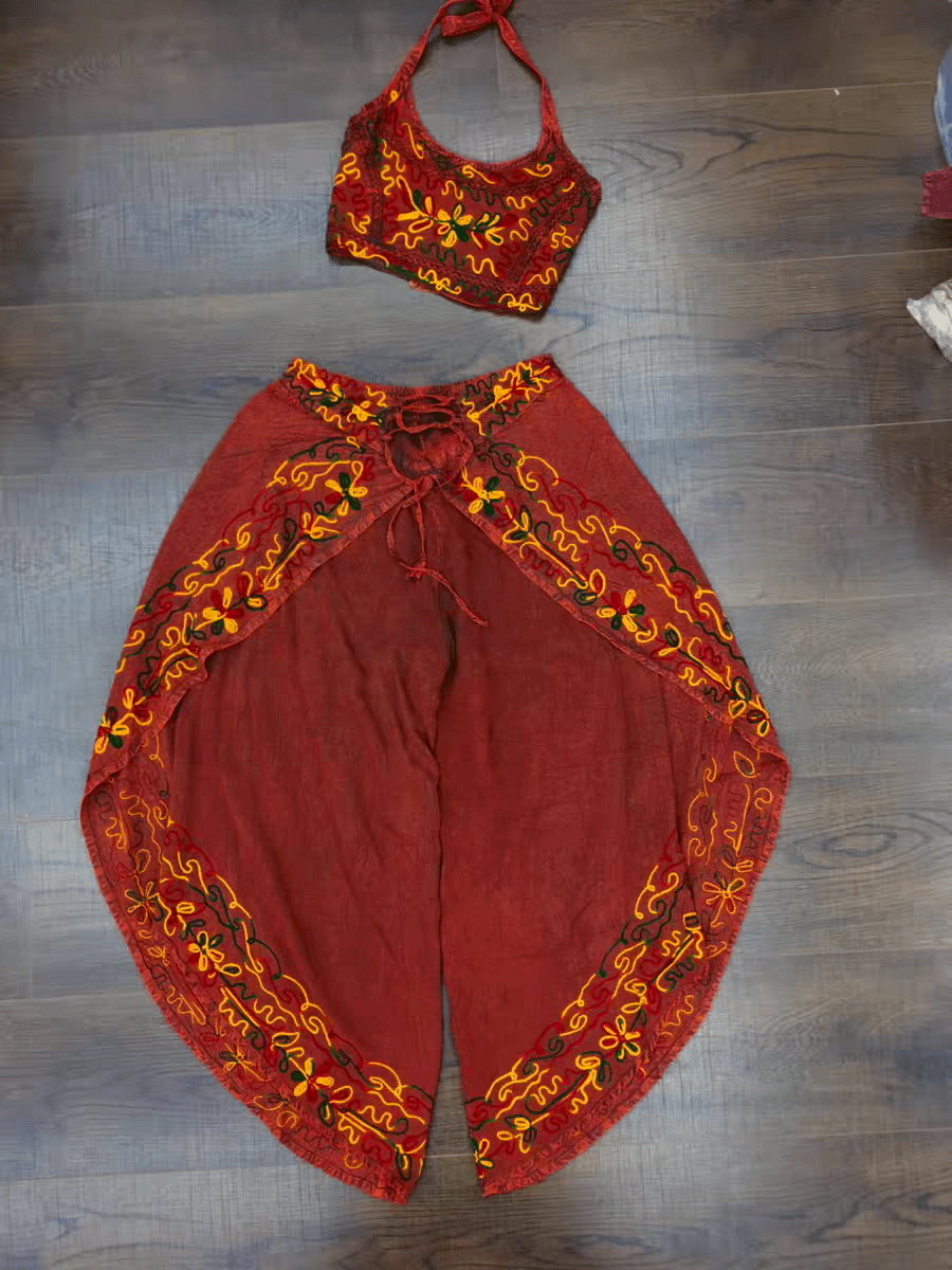 Handmade Botanical Tie - Dye Boho Embroidered Cotton Silk Set – Fairy Cami Top & Wide Leg Pants Summer Outfit (Coffee） - MYSILVERWIND
