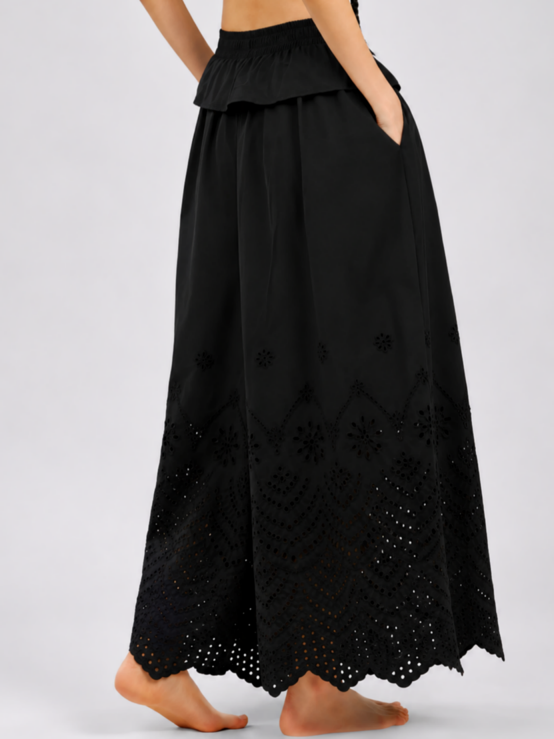 CottonEase Embroidered Cutout Wide-Leg Yoga Pants SILVERWIND