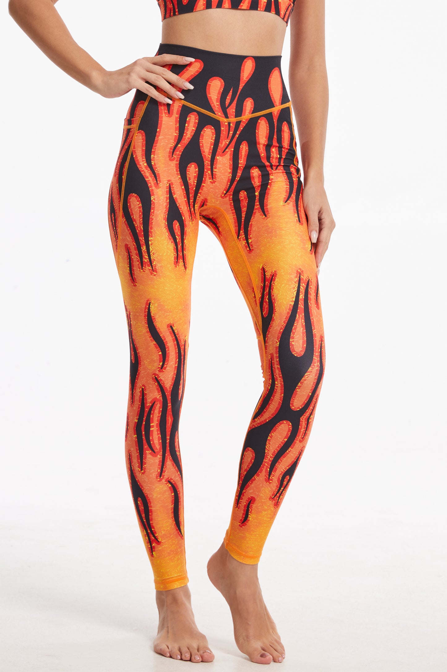 Flame High-waisted Leggings With Pockets - Orange-SILVERWIND