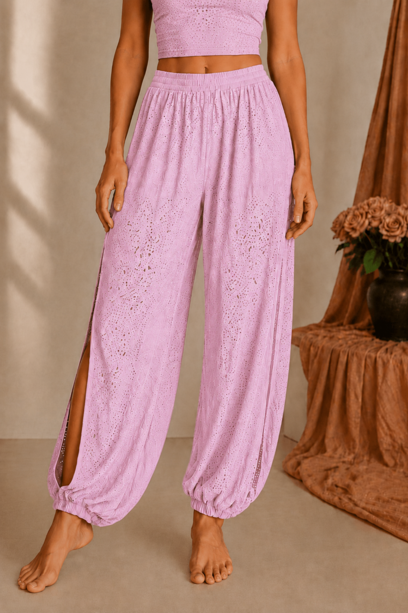 Ornate Flow Paisley Lace Sheer Cropped Pants -Pink- MYSILVERWIND