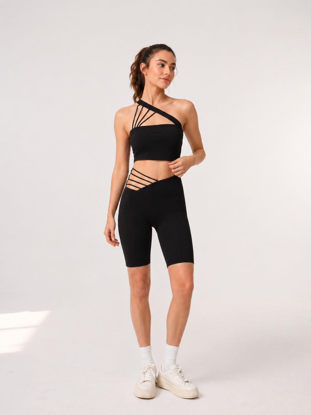 Asymmetric Cross-Strap Yoga Top & Biker Shorts Set SILVERWIND