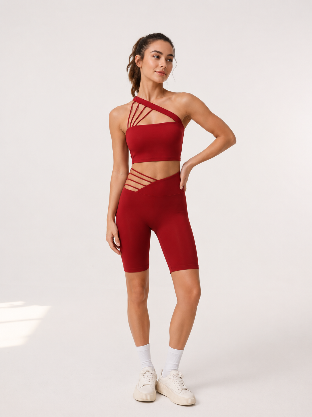 Asymmetric Cross-Strap Yoga Top & Biker Shorts Set SILVERWIND