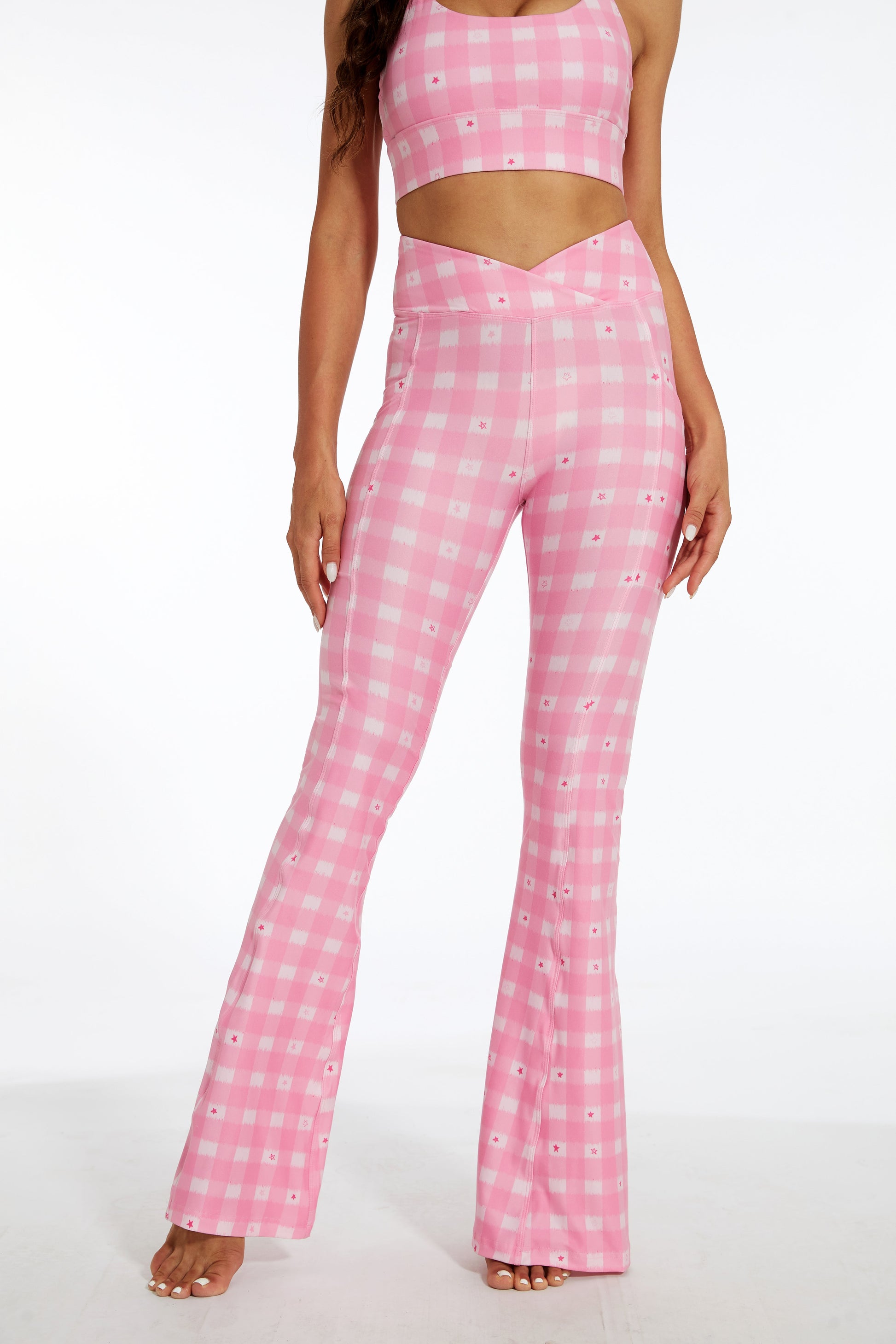 Pink Stars Crossover Flare Leggings -SILVERWIND