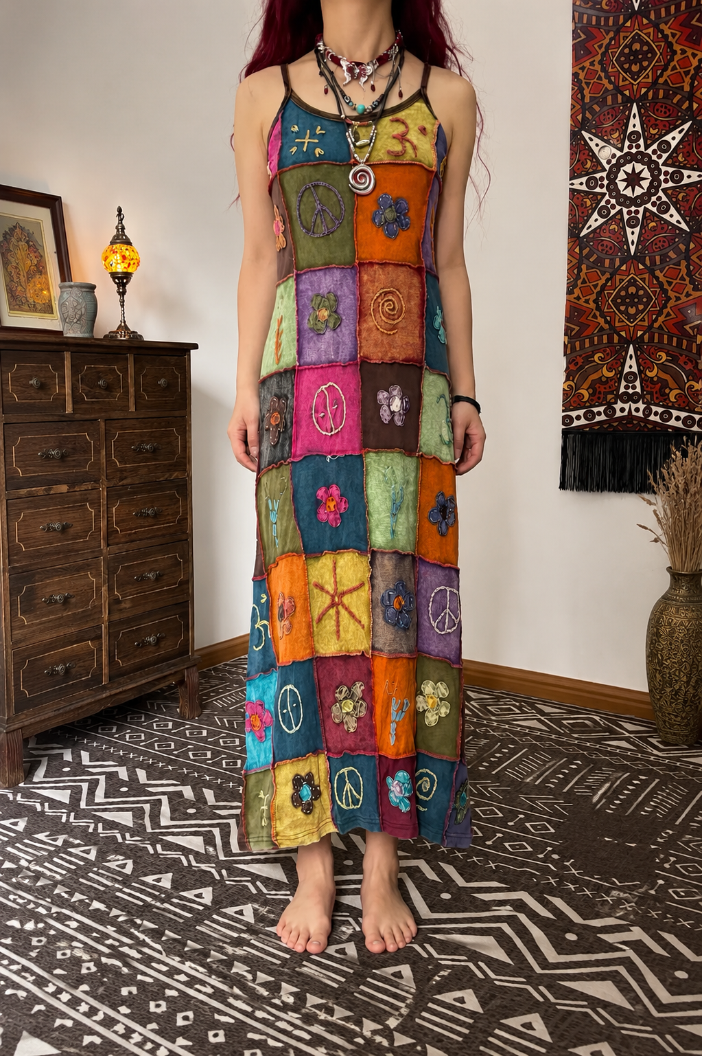 Wildfolk Handmade Tie-Dye Patchwork Hippie Maxi Dress