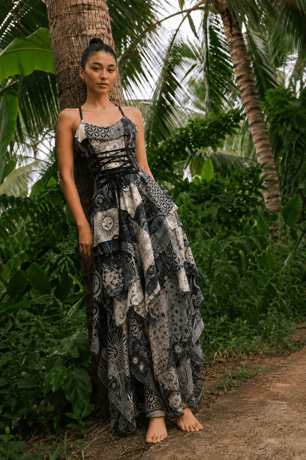 Sunspell Handmade Botanical Tie-Dye Patchwork Lace-Up Dress