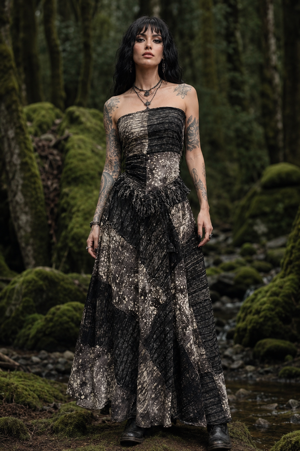 Shadow Ash Patchwork Strapless Maxi Dress