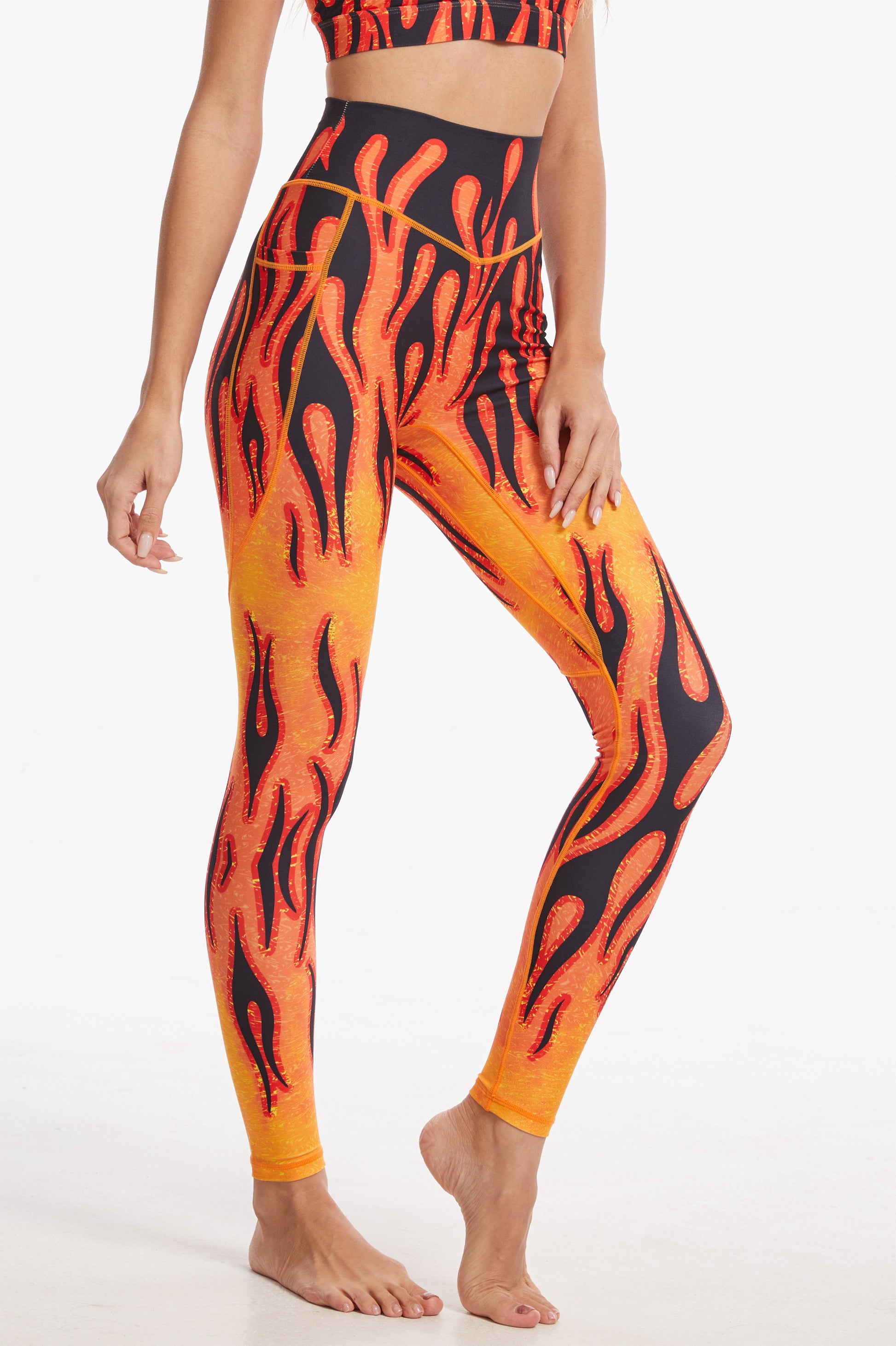 Flame High-waisted Leggings With Pockets - Orange-SILVERWIND