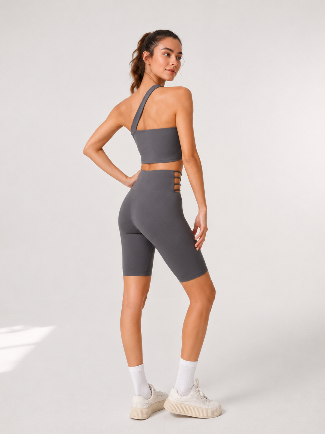 Asymmetric Cross-Strap Yoga Top & Biker Shorts Set SILVERWIND