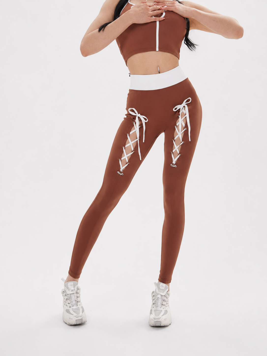 LaceSculpt Drawstring No-Front-Seam Yoga Leggings SILVERWIND