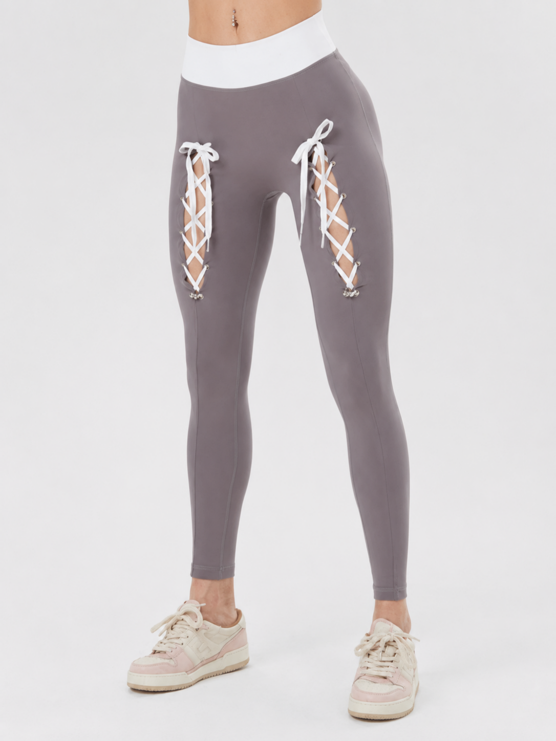 LaceSculpt Drawstring No-Front-Seam Yoga Leggings SILVERWIND