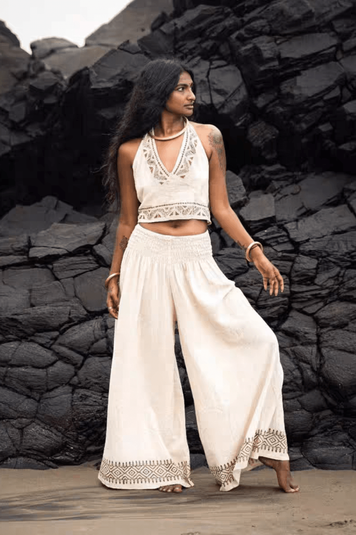Bohemian Tribal Patchwork Linen Halter Top & Wide - Leg Pants Set - MYSILVERWIND