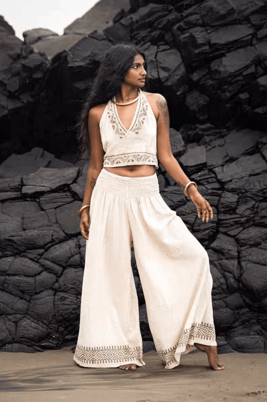 Bohemian Tribal Patchwork Linen Halter Top & Wide - Leg Pants Set - MYSILVERWIND