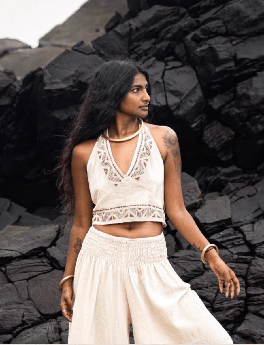 Bohemian Tribal Patchwork Linen Halter Top & Wide - Leg Pants Set - MYSILVERWIND