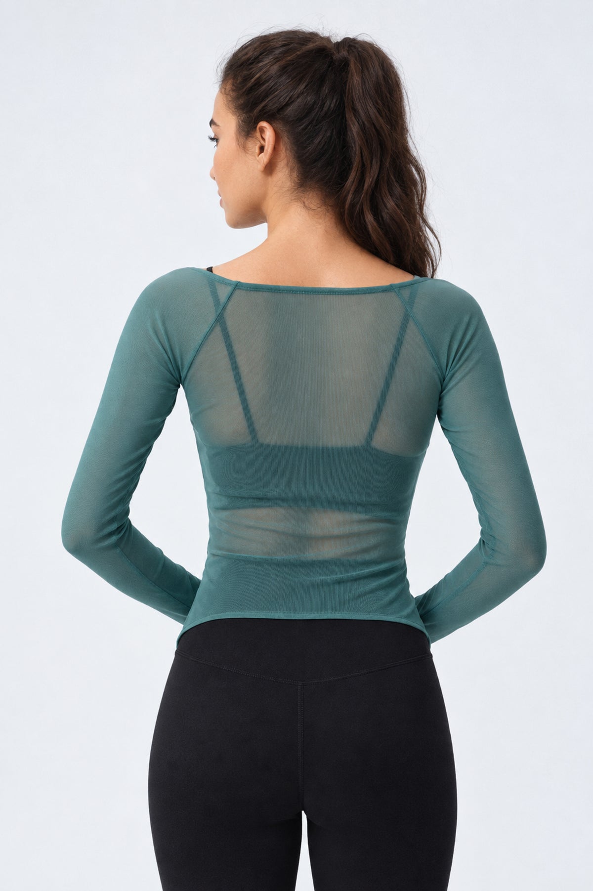 Brittany Blue Ruched Mesh Drawstring Long Sleeve Top-SILVERWIND