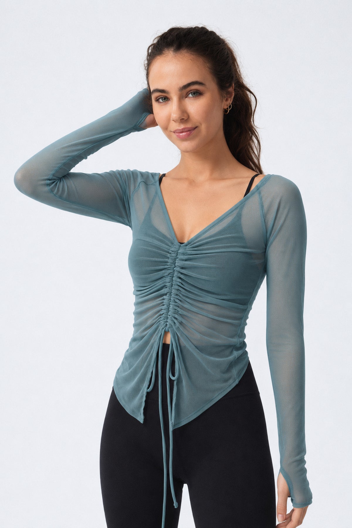 Brittany Blue Ruched Mesh Drawstring Long Sleeve Top-SILVERWIND