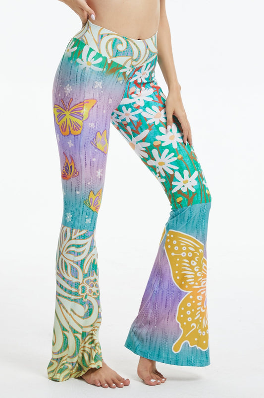Butterfly Bloom Mid - waisted Flare Leggings with Pockets - MYSILVERWIND