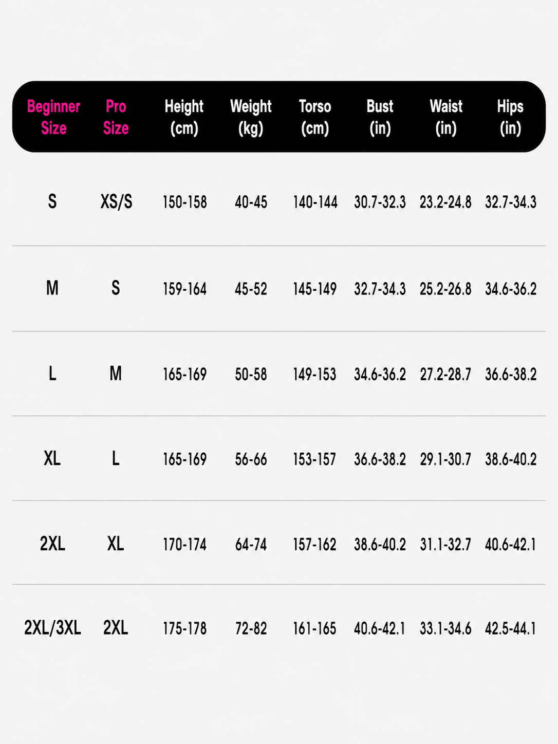 AquaMuse size chart SILVERWIND