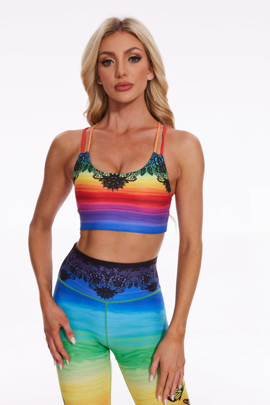 Colorful Horizon Lace Strappy Sports Bra - MYSILVERWIND