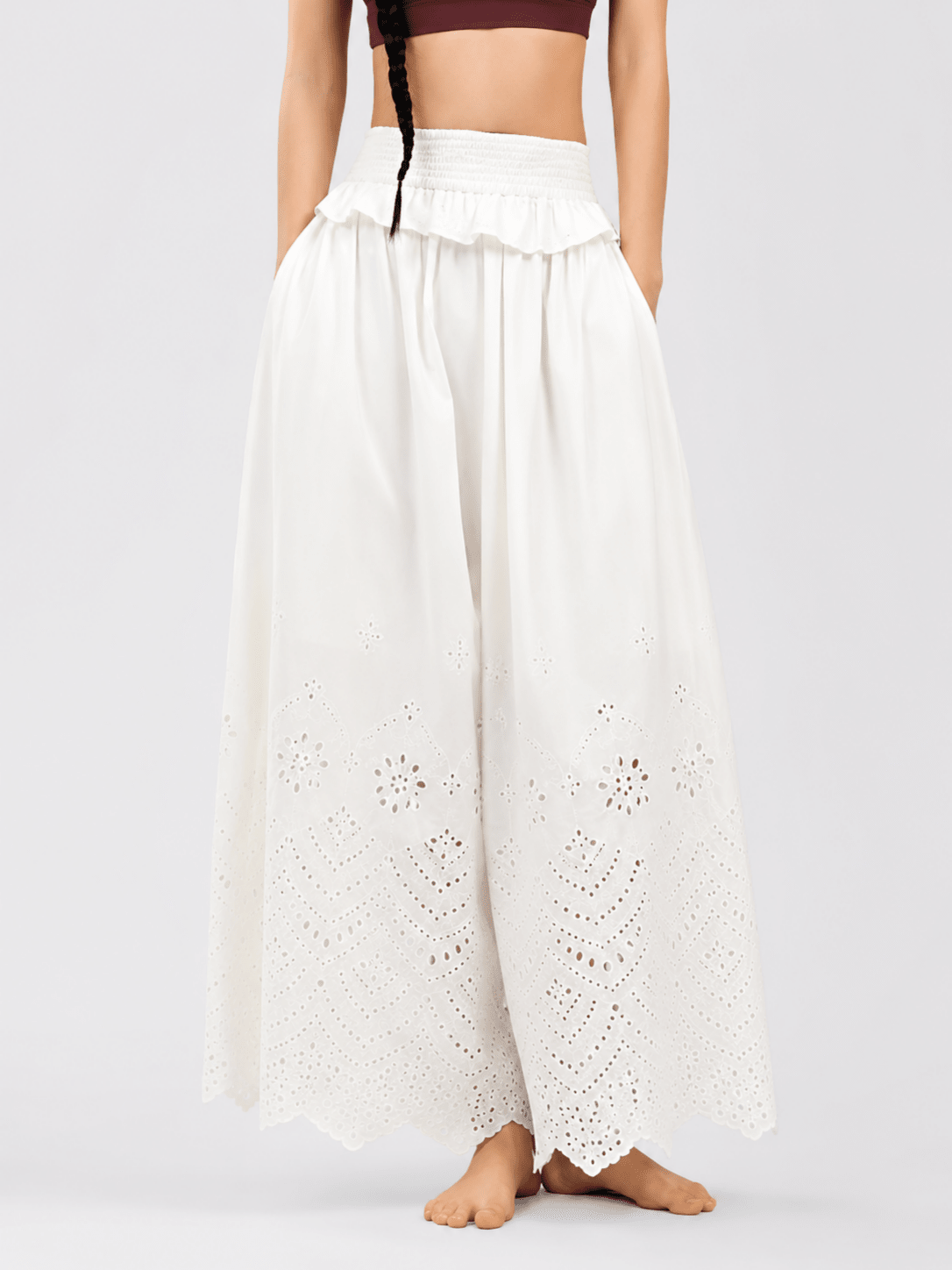 CottonEase Embroidered Cutout Wide-Leg Yoga Pants - MYSILVERWIND