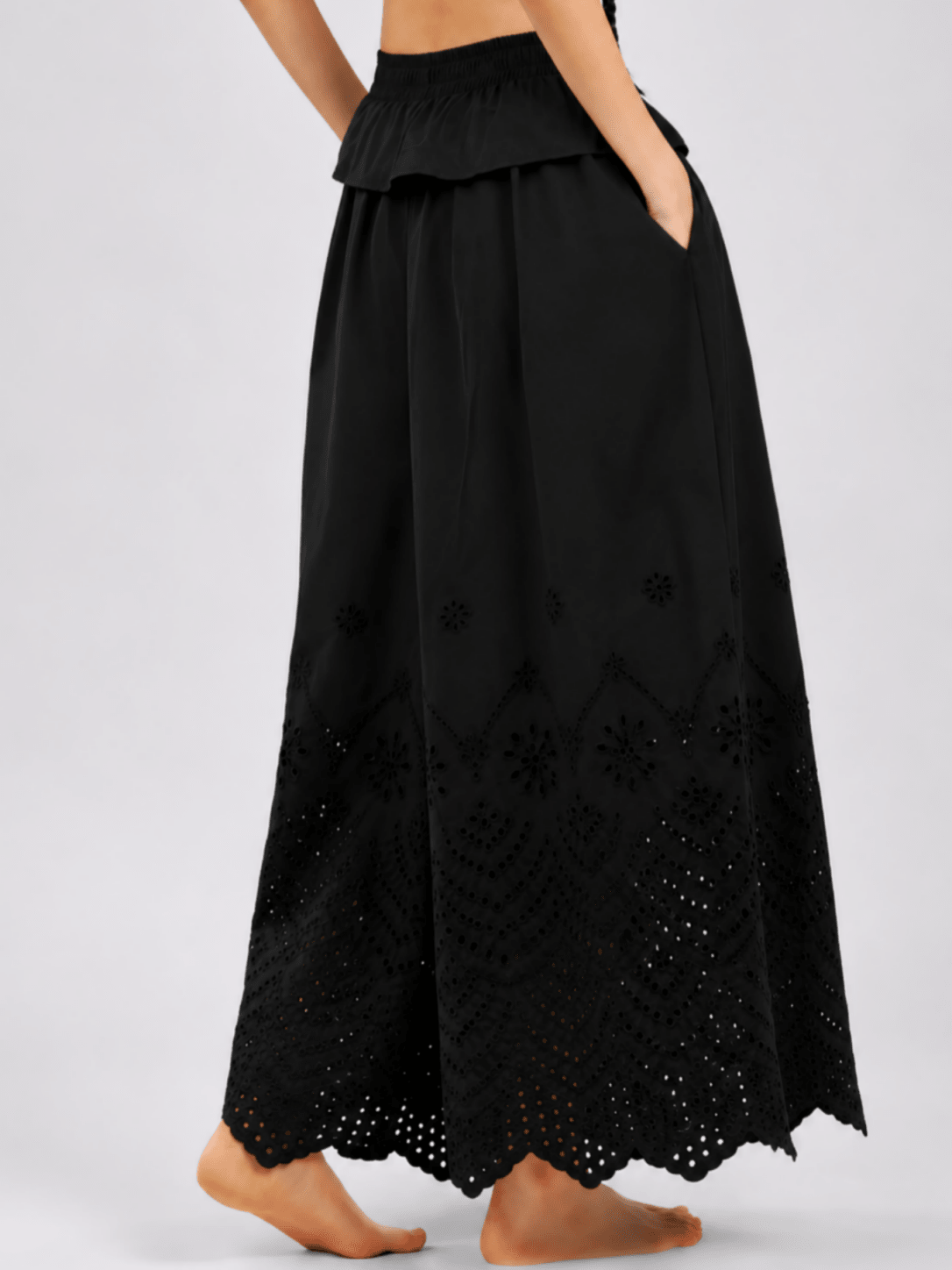 CottonEase Embroidered Cutout Wide-Leg Yoga Pants - MYSILVERWIND