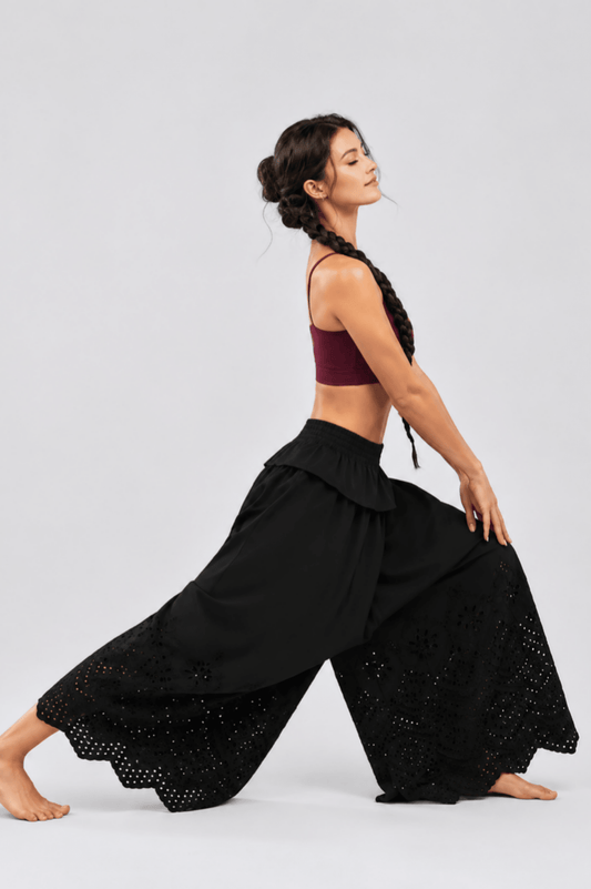 CottonEase Embroidered Cutout Wide-Leg Yoga Pants - MYSILVERWIND