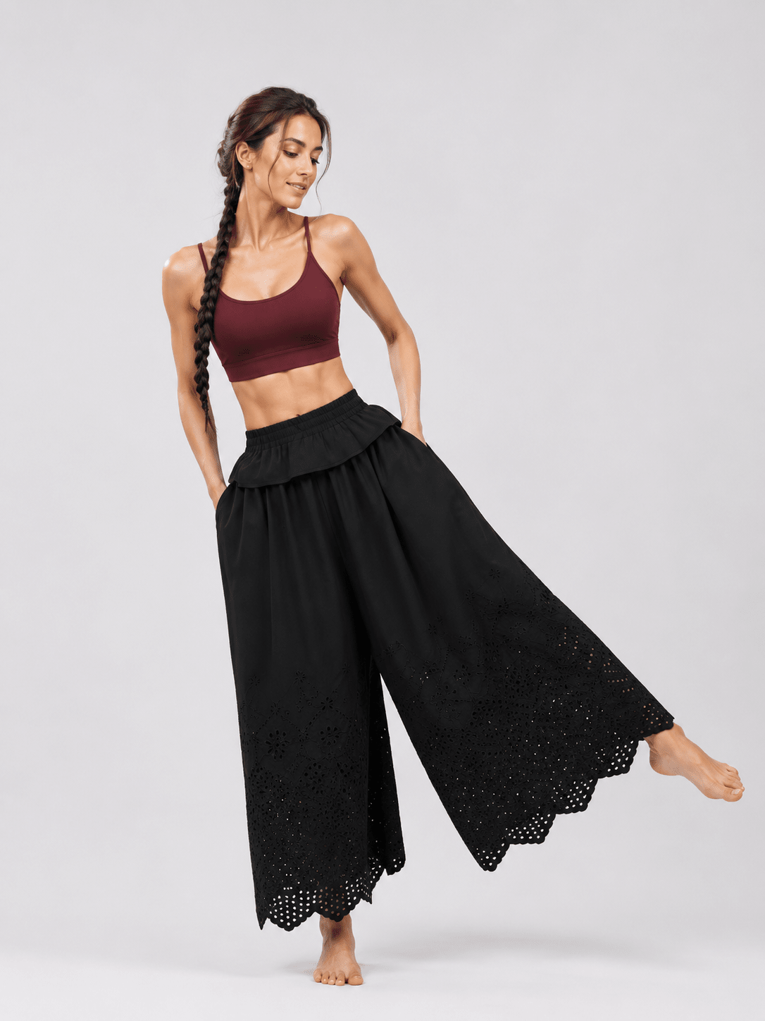 CottonEase Embroidered Cutout Wide-Leg Yoga Pants - MYSILVERWIND
