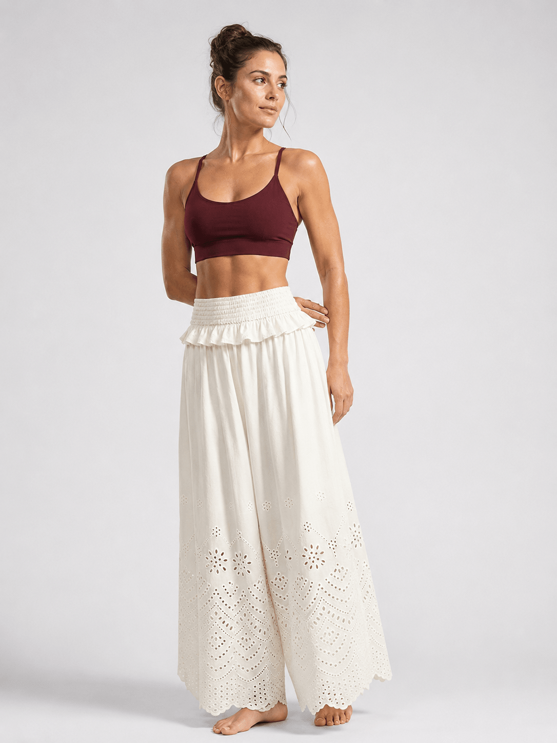 CottonEase Embroidered Cutout Wide-Leg Yoga Pants - MYSILVERWIND