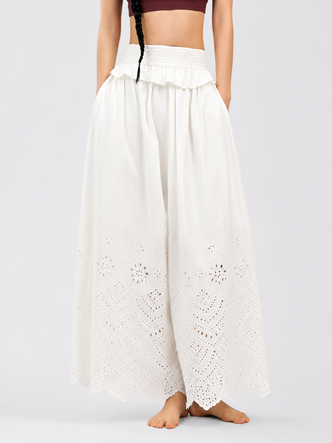 CottonEase Embroidered Cutout Wide-Leg Yoga Pants SILVERWIND