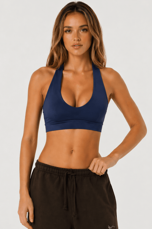 Deep V Sculpt Halter Sports Bra - Navy Blue - MYSILVERWIND