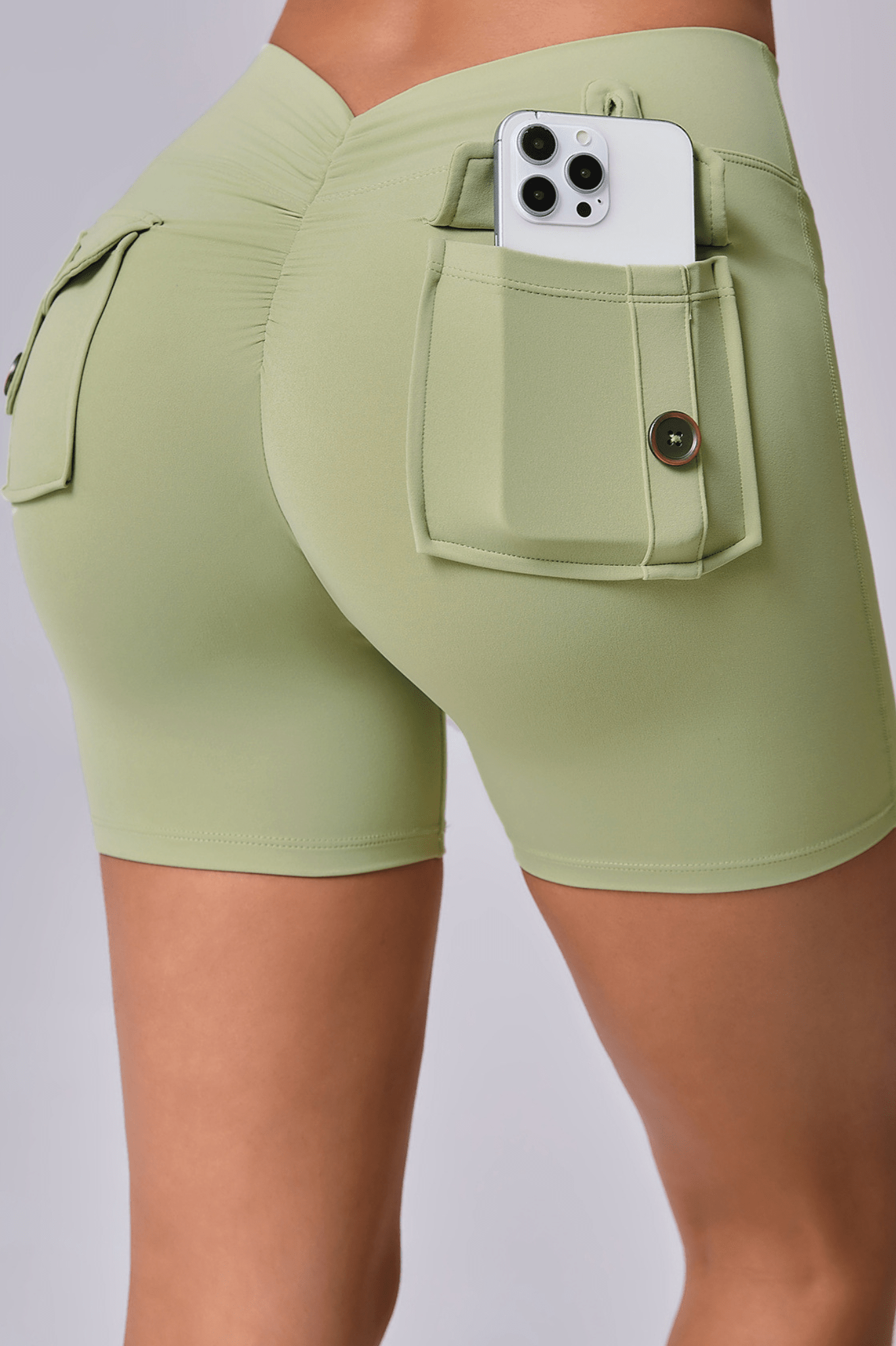 Elevate V - Back Scrunch Shorts With Pocket - Avocado Green - MYSILVERWIND