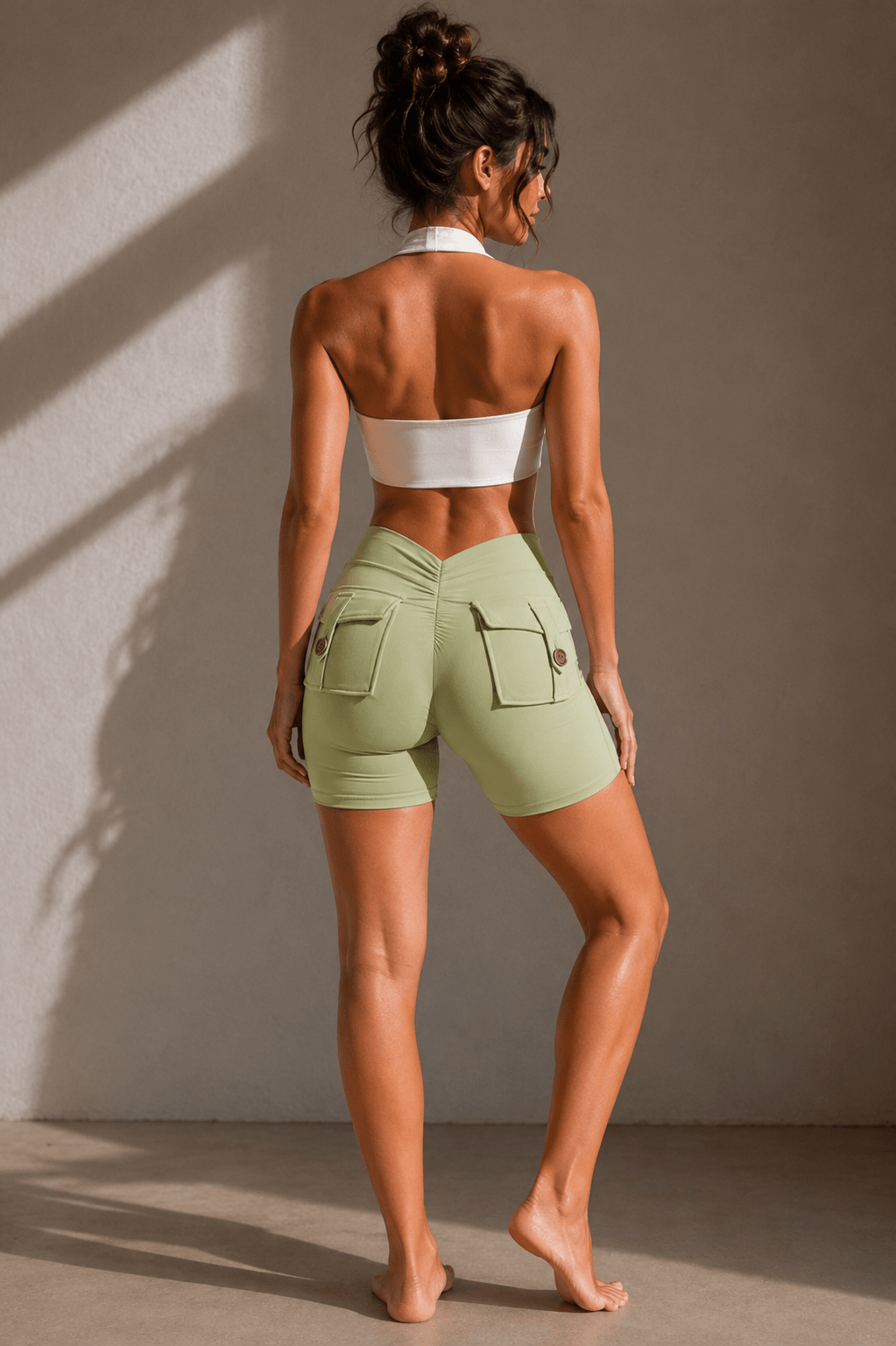 Elevate V - Back Scrunch Shorts With Pocket - Avocado Green - MYSILVERWIND