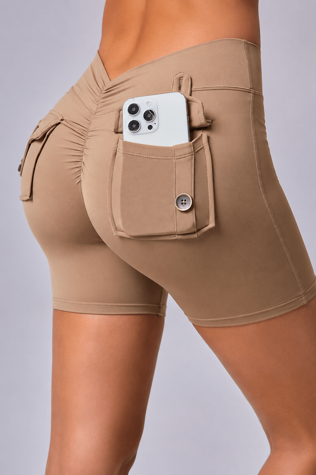 Elevate V - Back Scrunch Shorts With Pocket - Cocoa Brown - MYSILVERWIND