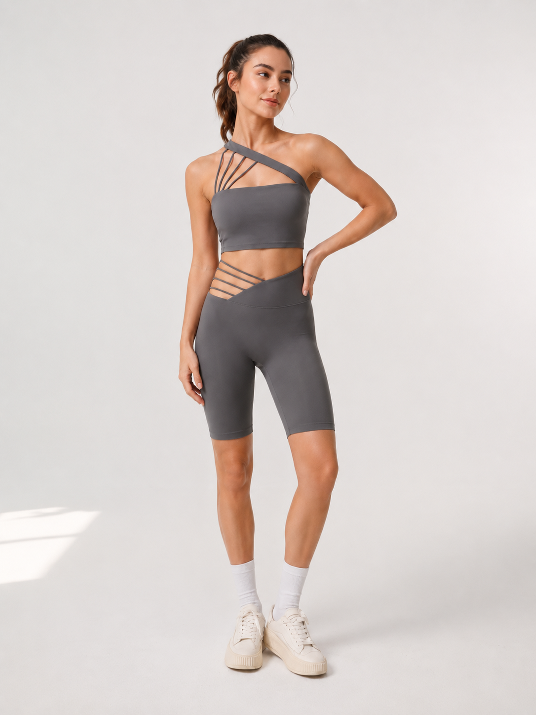 Asymmetric Cross-Strap Yoga Top & Biker Shorts Set SILVERWIND