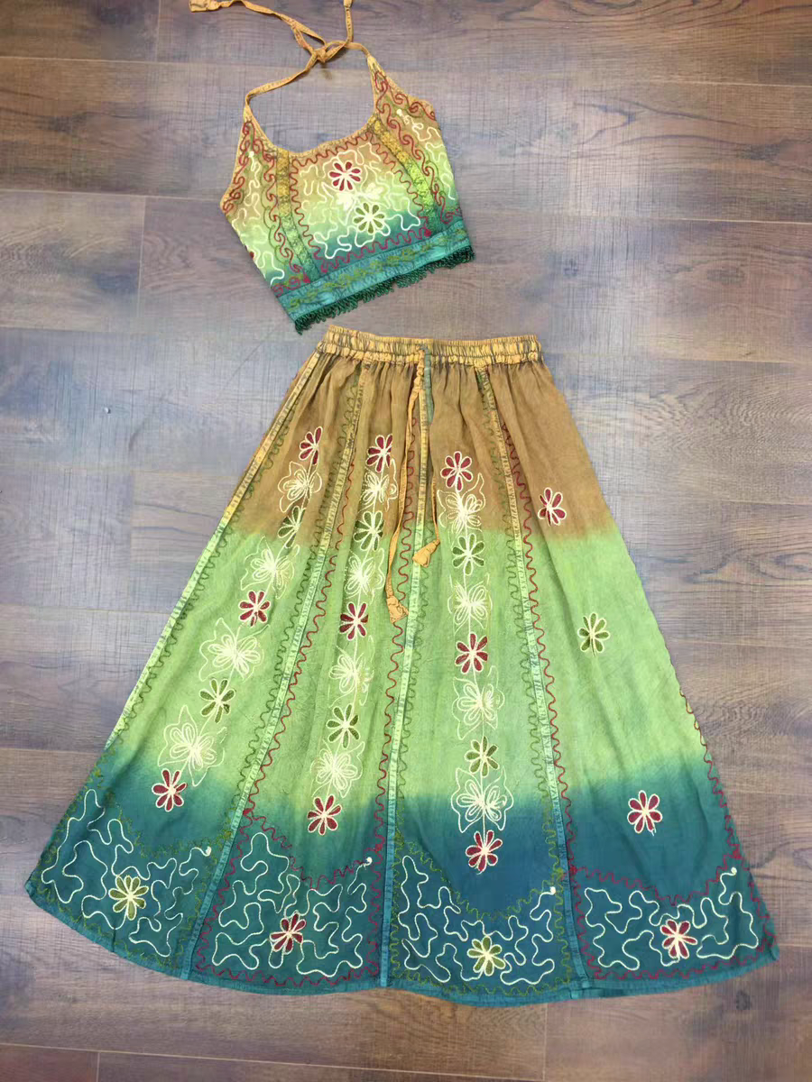 Handmade Botanical Tie - Dye Boho Embroidered Cotton Silk Set – Fairy Cami Top & Skirts（Oasis） - MYSILVERWIND
