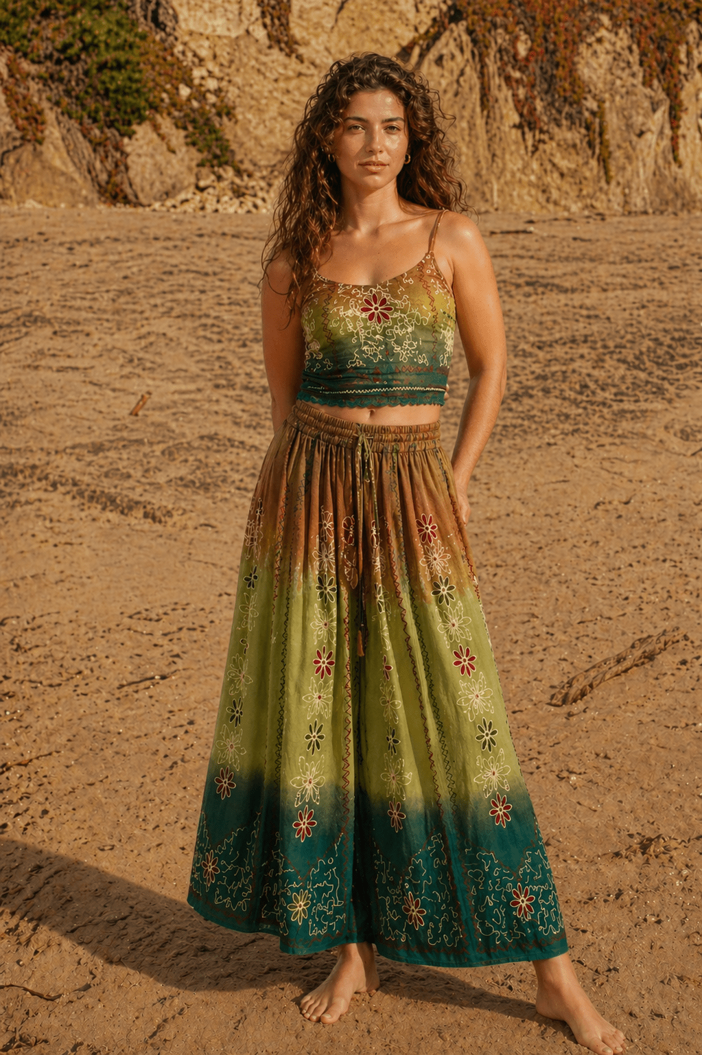 Handmade Botanical Tie - Dye Boho Embroidered Cotton Silk Set – Fairy Cami Top & Skirts（Oasis） - MYSILVERWIND