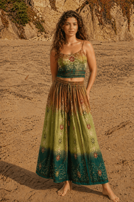 Handmade Botanical Tie - Dye Boho Embroidered Cotton Silk Set – Fairy Cami Top & Skirts（Oasis） - MYSILVERWIND