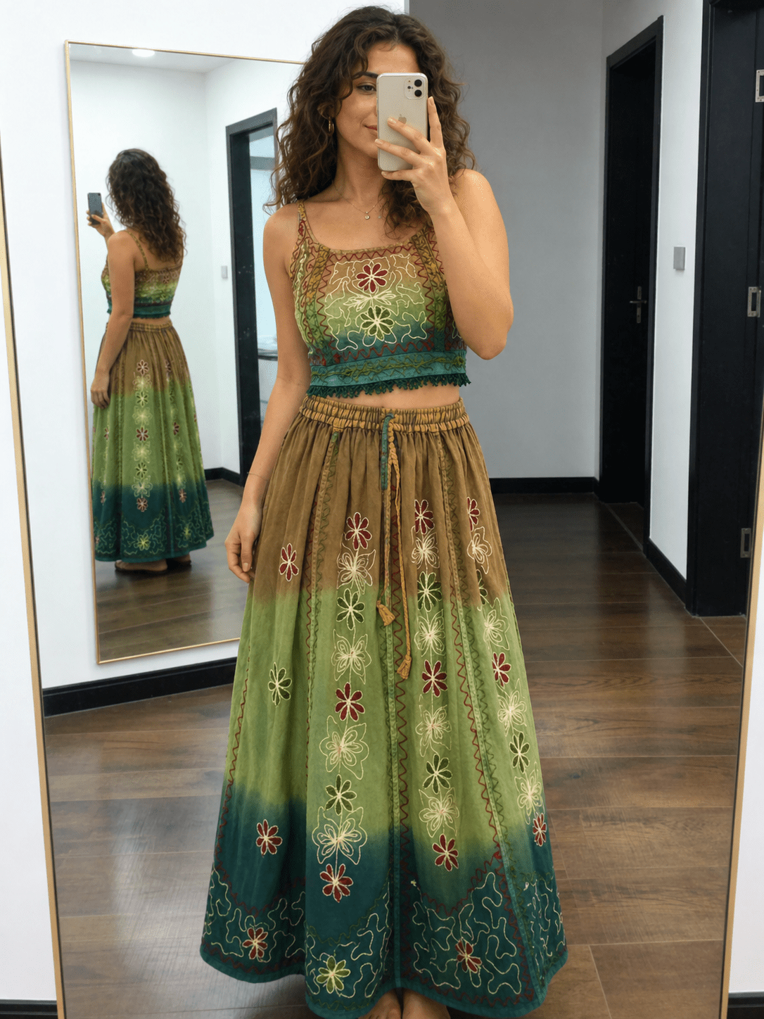 Handmade Botanical Tie - Dye Boho Embroidered Cotton Silk Set – Fairy Cami Top & Skirts（Oasis） - MYSILVERWIND