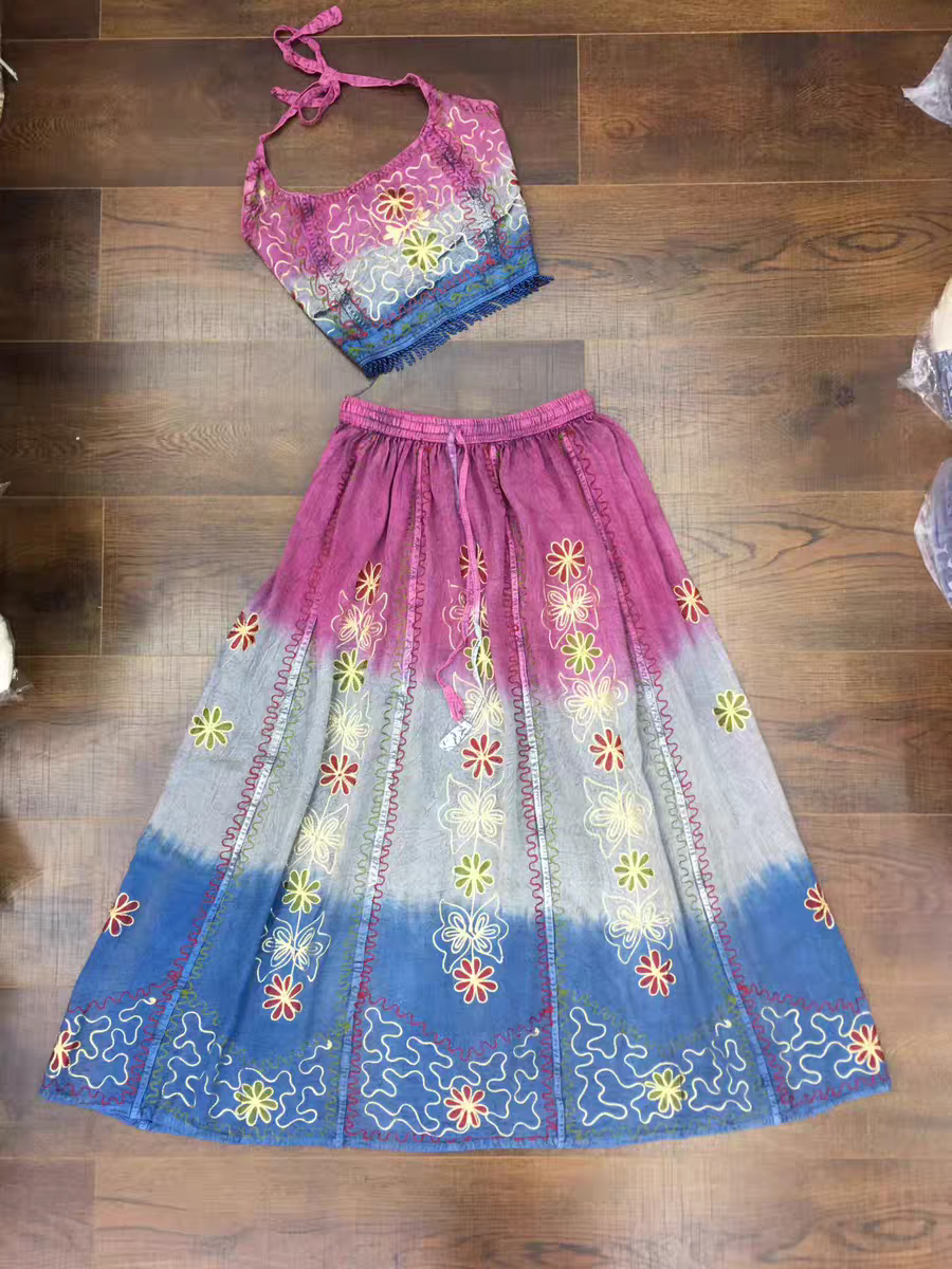 Handmade Botanical Tie - Dye Boho Embroidered Cotton Silk Set – Fairy Cami Top & Skirts（Sunfade）） - MYSILVERWIND