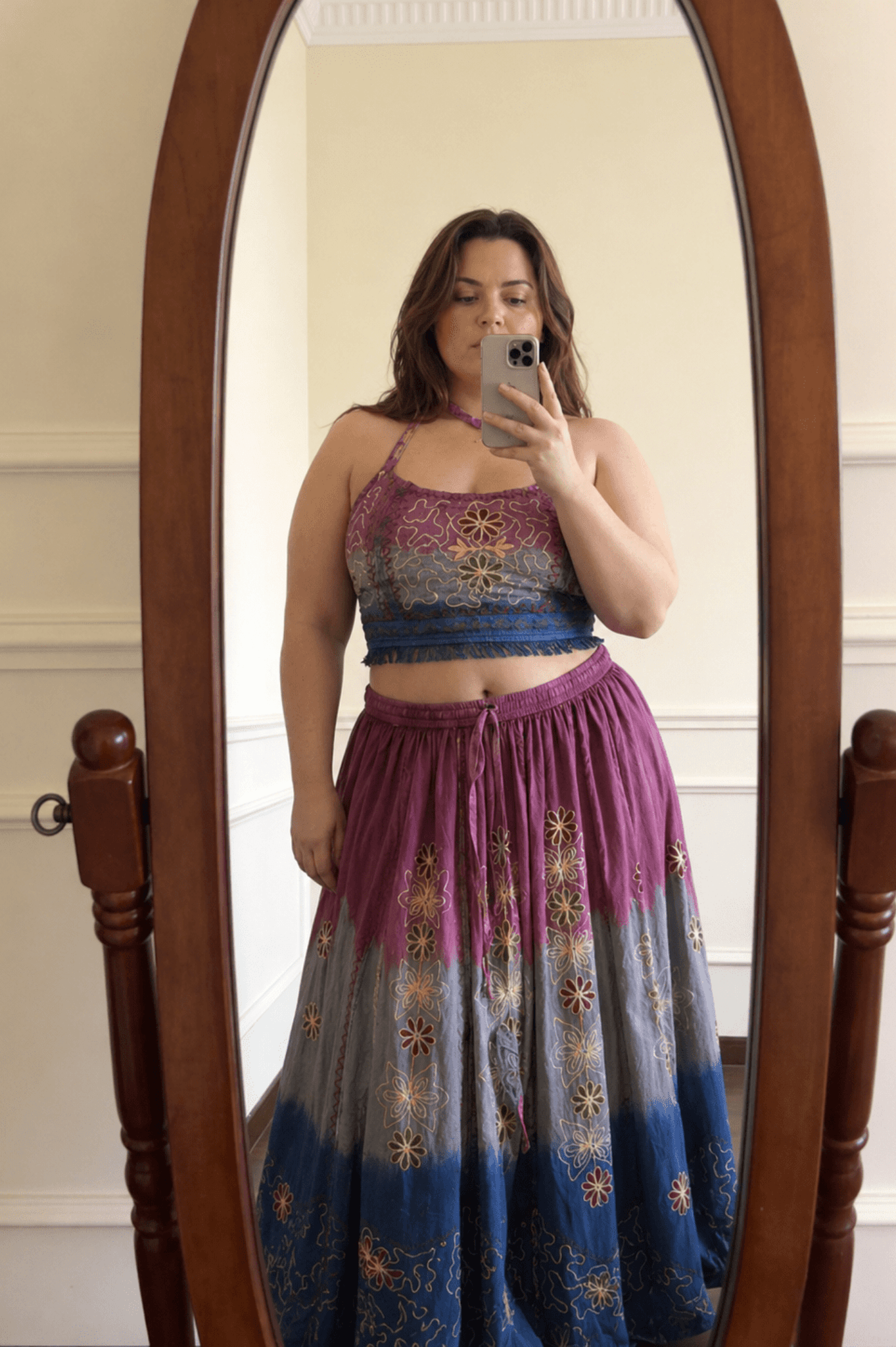 Handmade Botanical Tie - Dye Boho Embroidered Cotton Silk Set – Fairy Cami Top & Skirts（Sunfade） - MYSILVERWIND